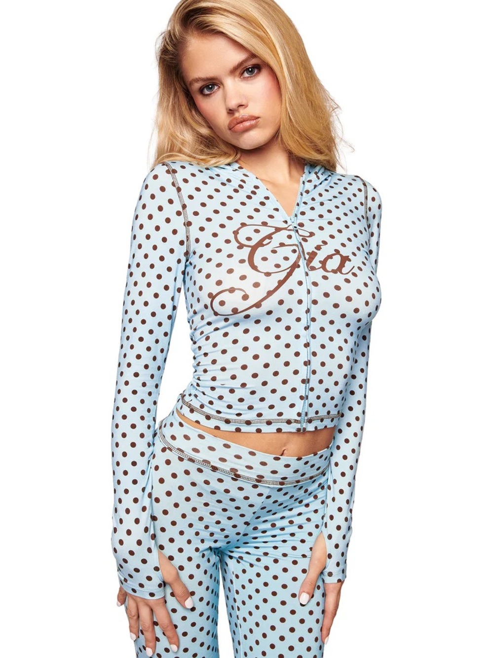 I AM GIA BLARE Light Blue & Brown Polka Dot Zip Hoodie Top Size Medium